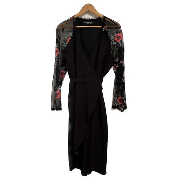 Little Mistress Plus Wrapover Pencil Dress With Embroidered Sleeve Detail - Picture 5 of 8